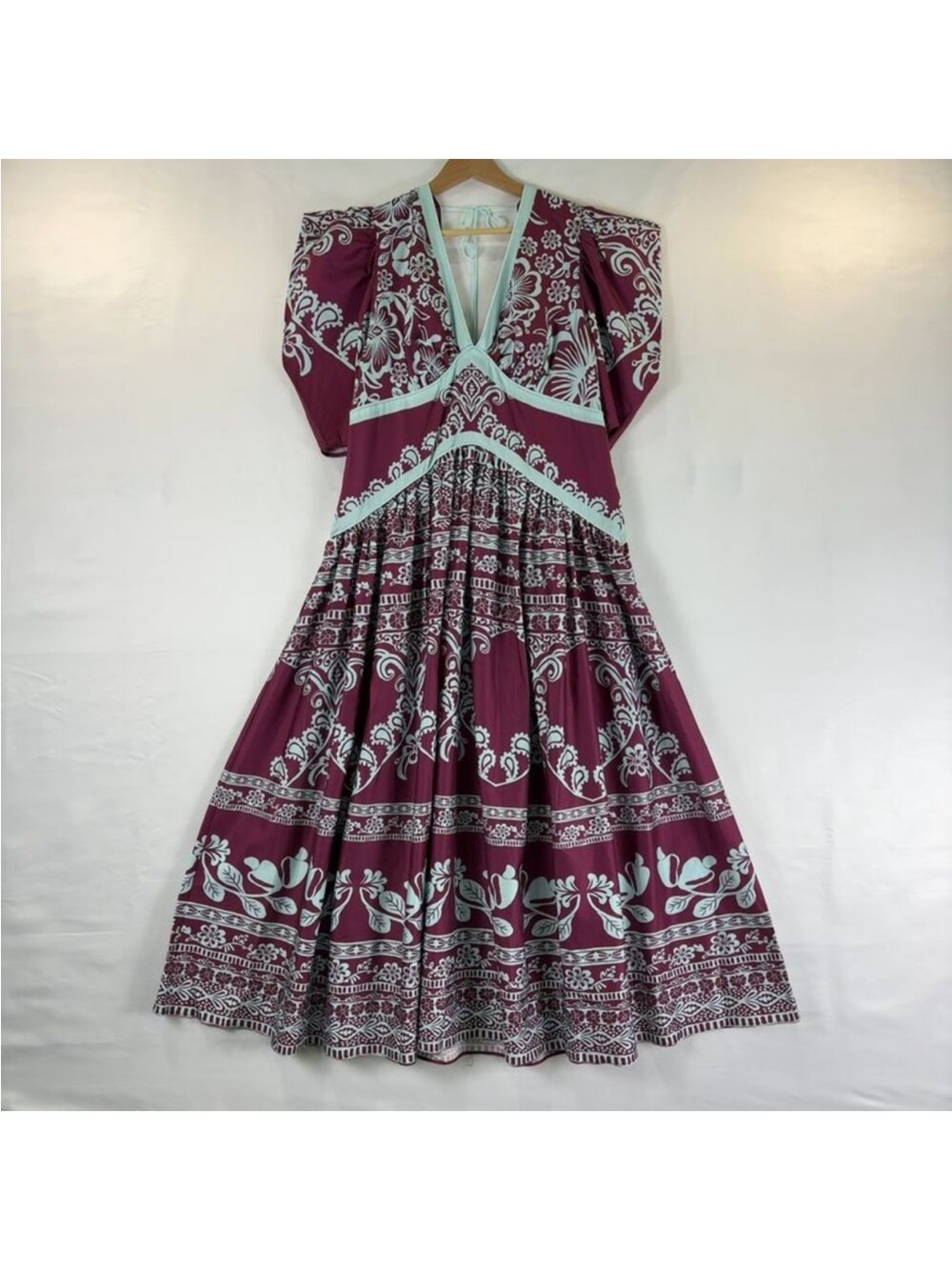 🪁 Farm Rio for Anthropologie Floral V-Neck Open Back Beaded Tie Midi Dress Large - Picture 5 of 10